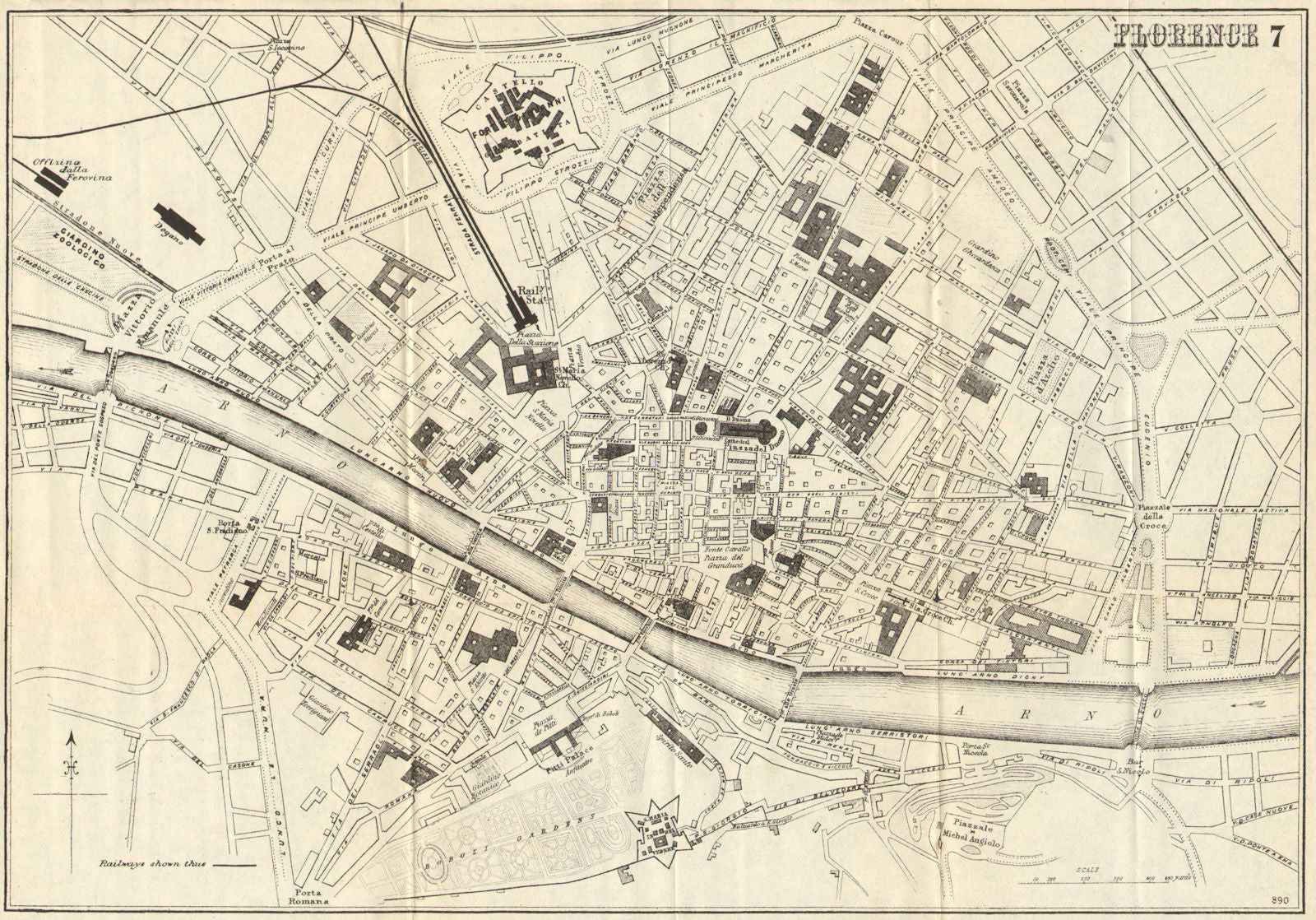 FLORENCE FIRENZE. Antique town plan. City map. Italy. BRADSHAW 1890 old